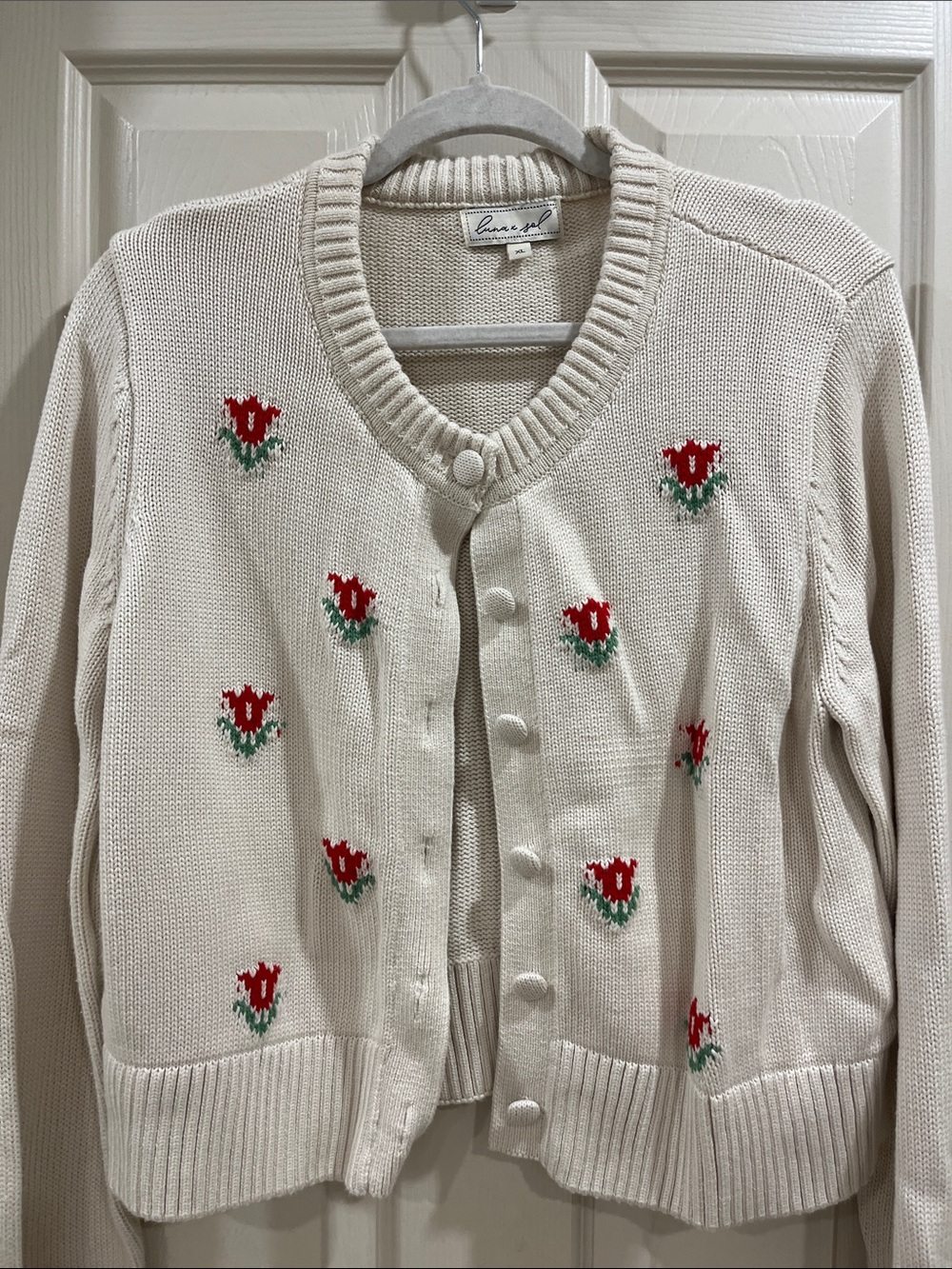 Cream Knit Cardigan with Red Floral Embroidery